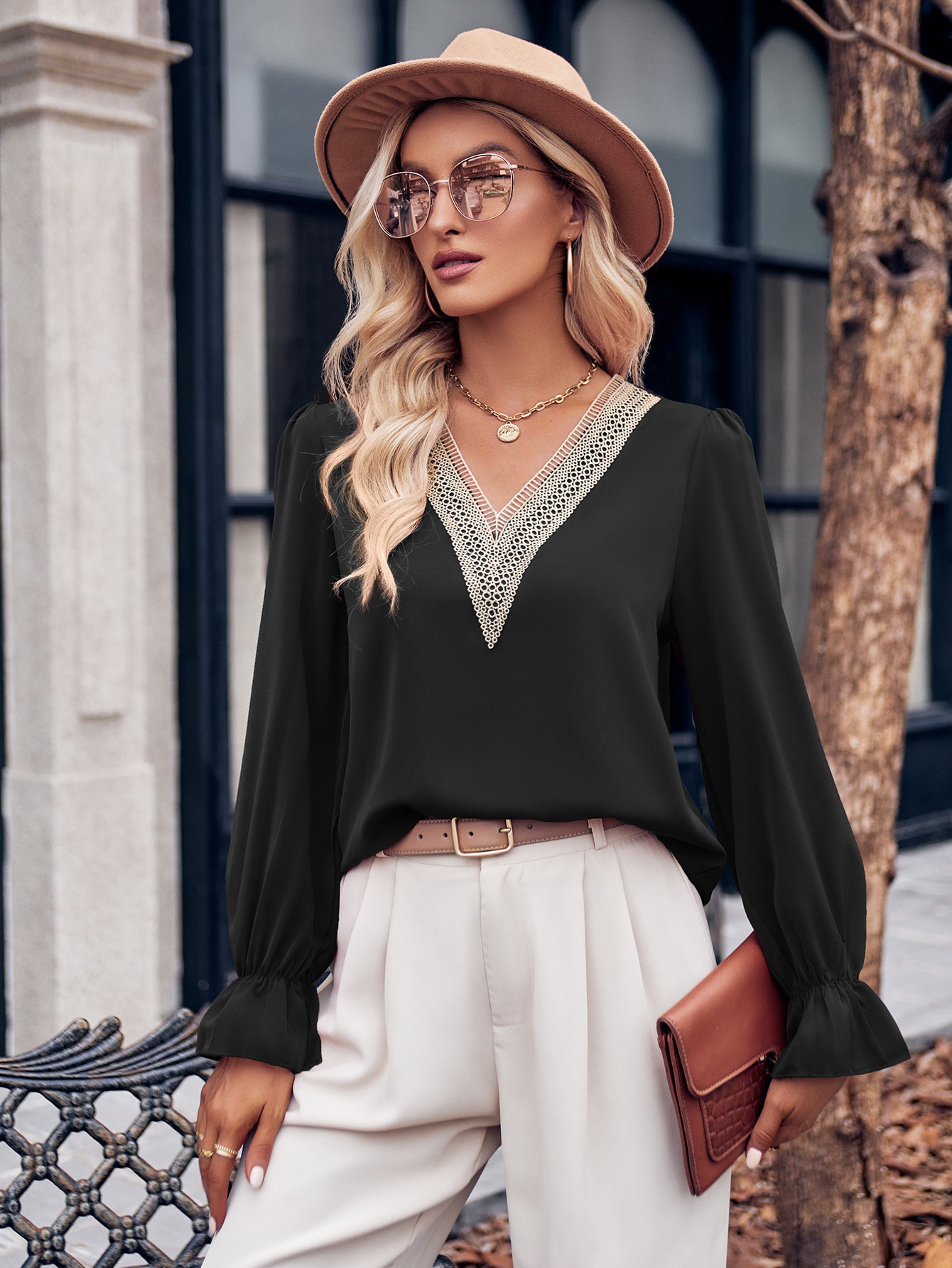 Women's V-neck Lace Ruffle Sleeve Loose Top