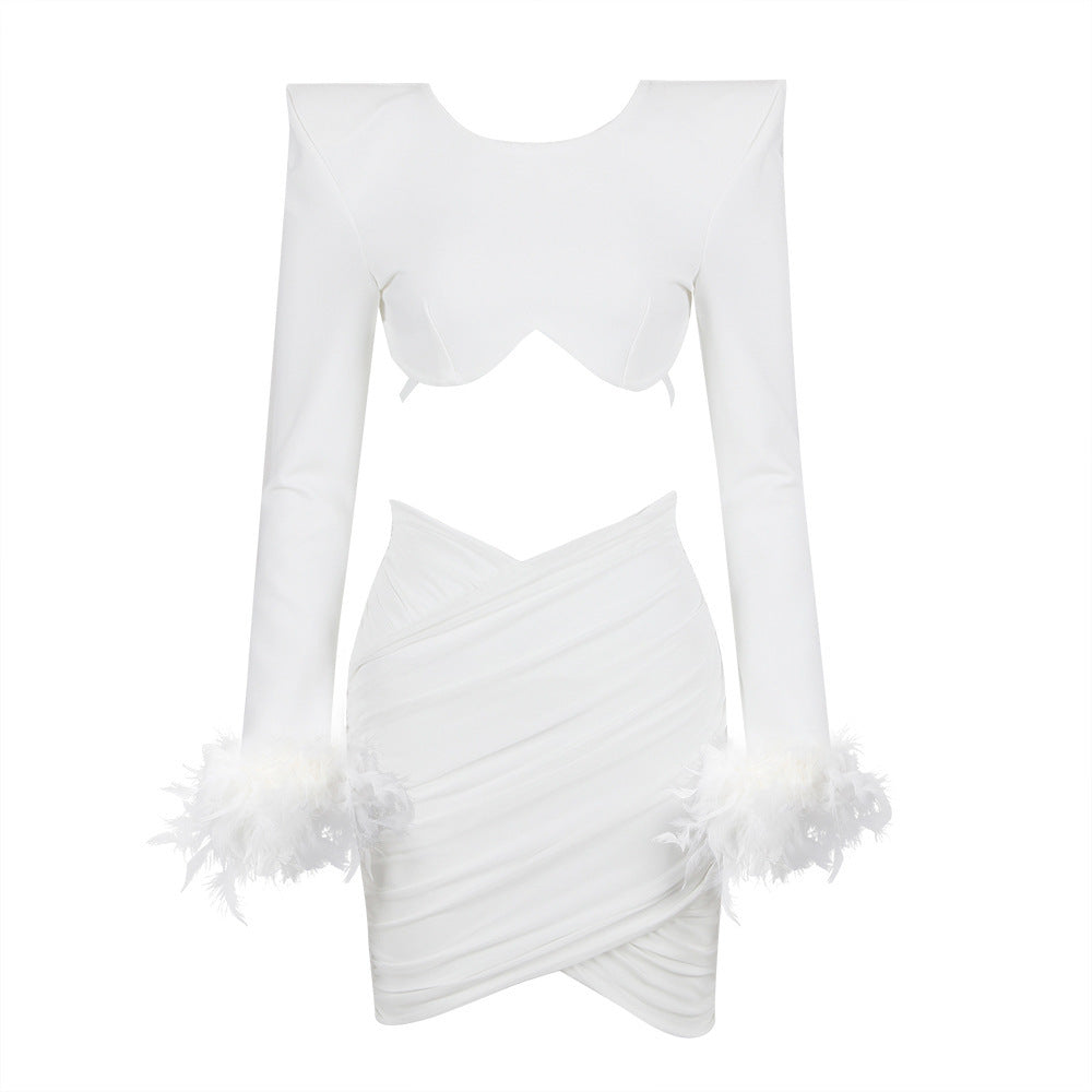 Women's Open-back Feather Long-sleeved Dress