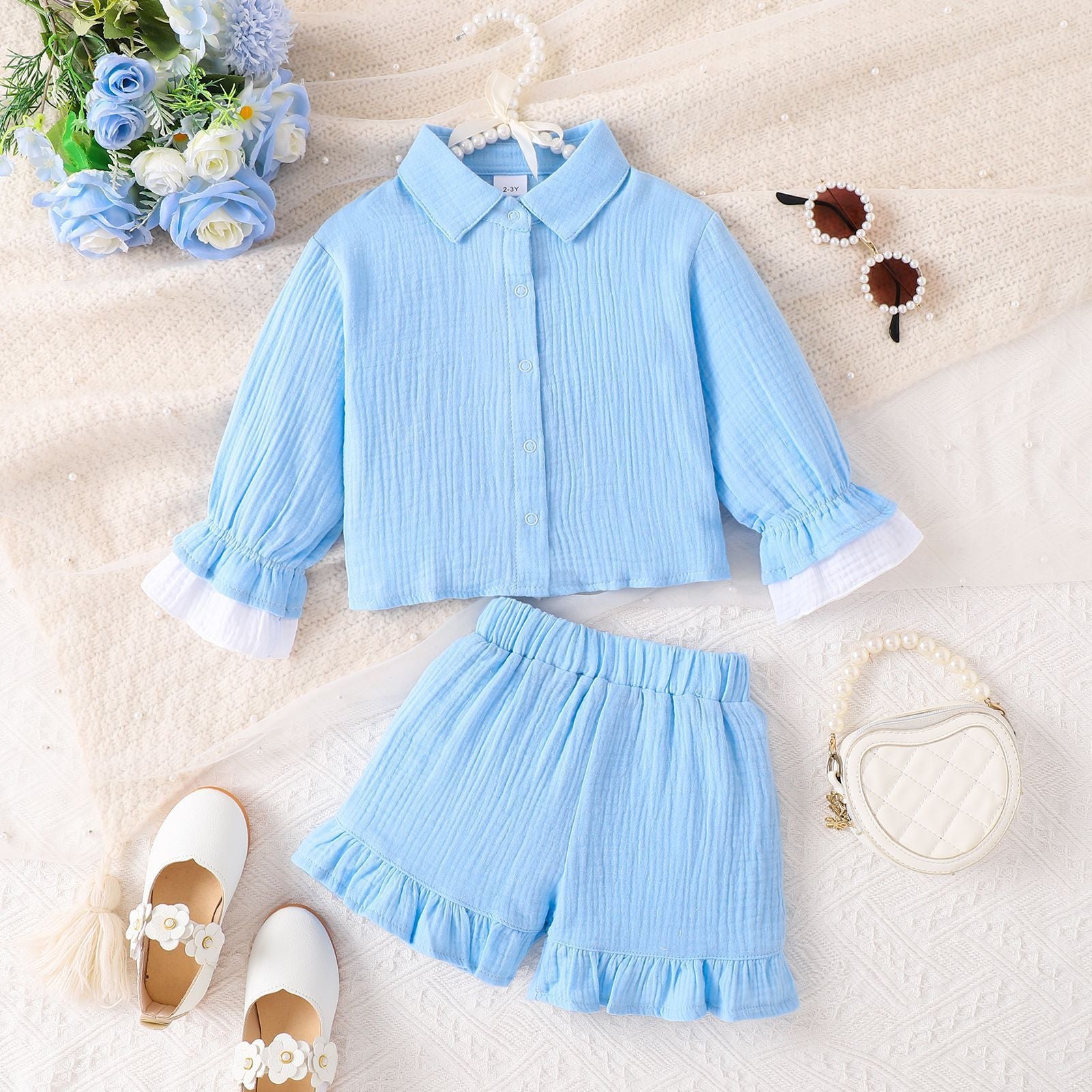 Solid Color Shirt With Ruffled Shorts Two-piece Set