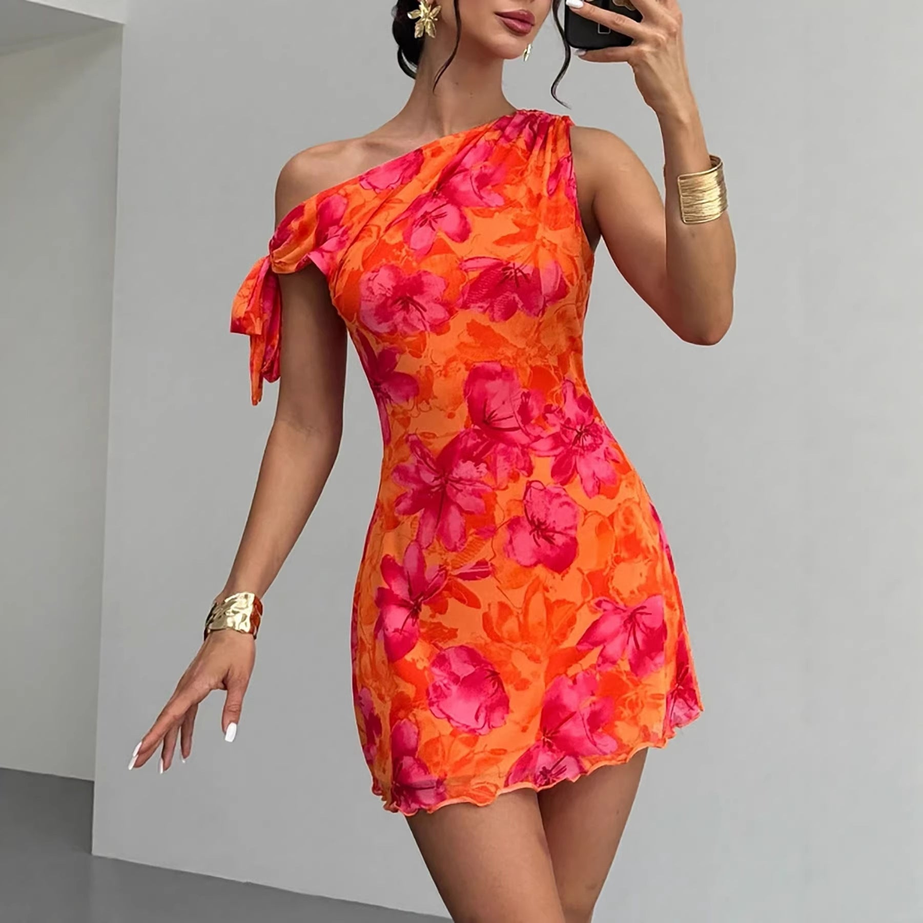 Printed Womens Sexy Cinched Waist Short Dress