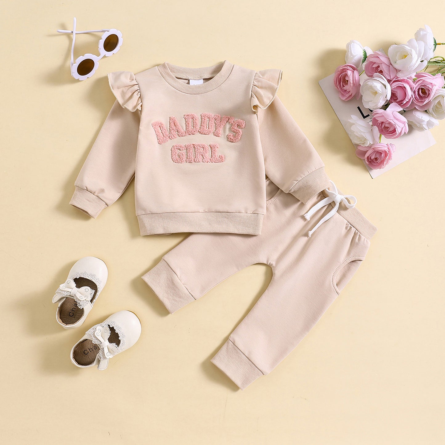 Children's Suit Baby Girl Flounced Sleeve Letter Embroidered Sweater Trousers