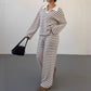 Striped Lapel Fashionable Knitted Loose Long Sleeve Top Casual Trousers Suit