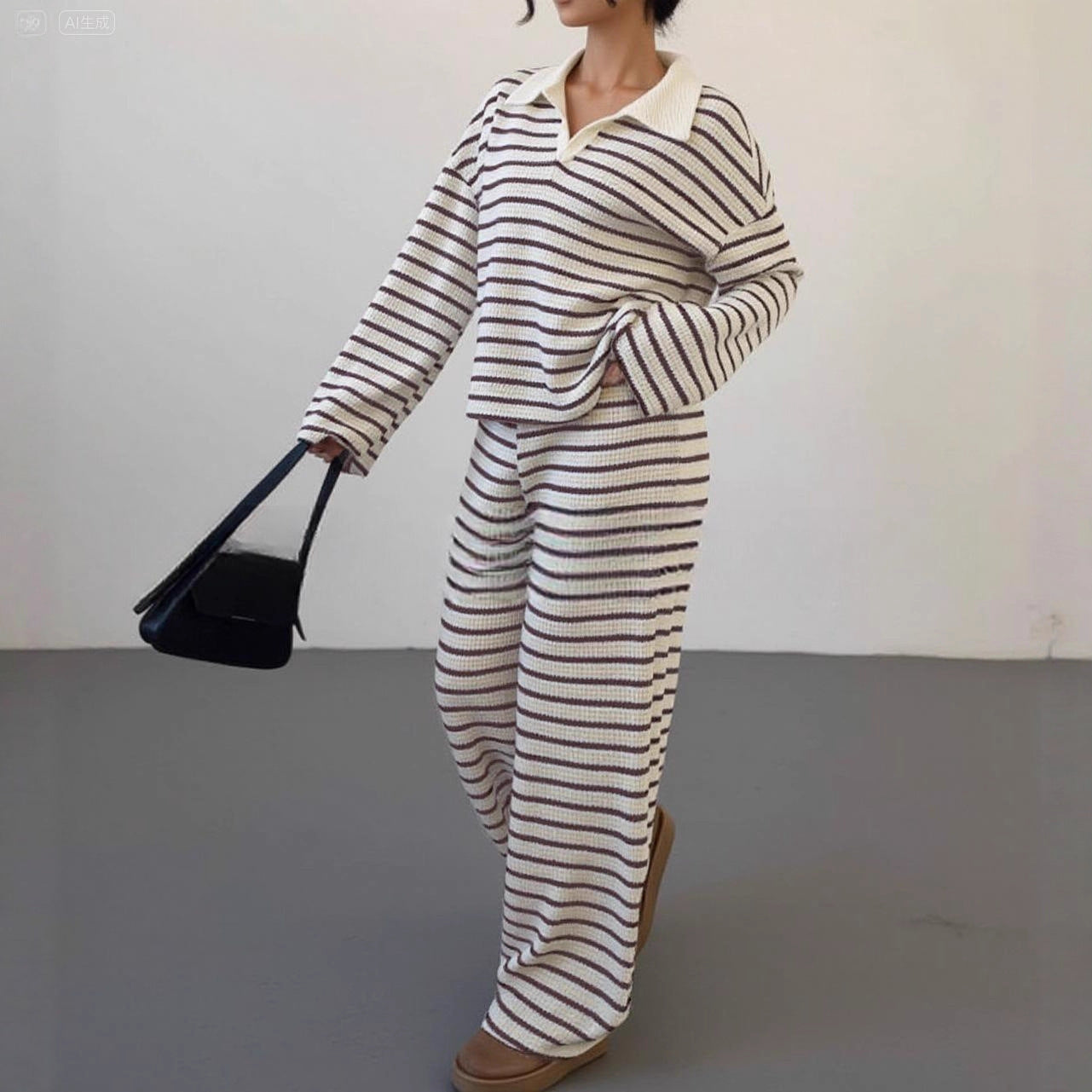 Striped Lapel Fashionable Knitted Loose Long Sleeve Top Casual Trousers Suit