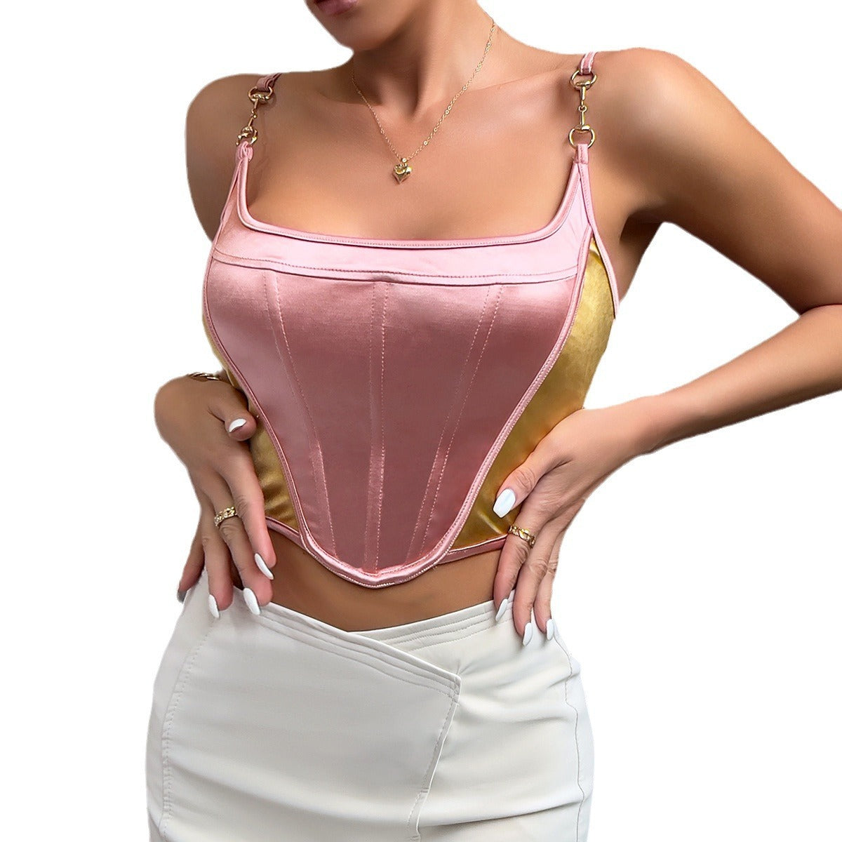 Women's Contrasting Color Patchwork Waistband Bone Suit