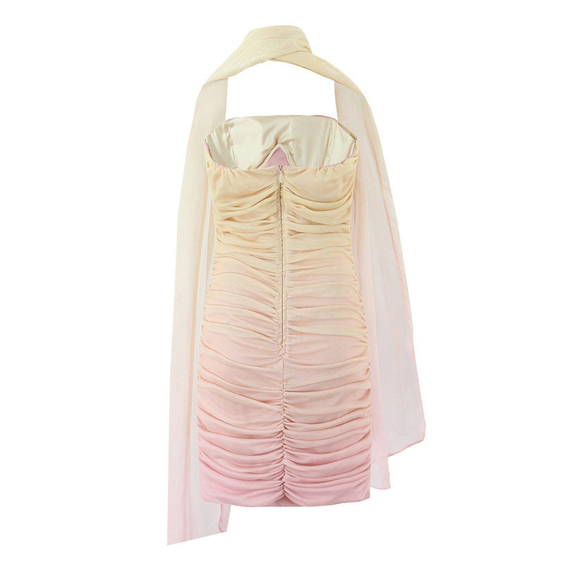 Backless Milk Silk Sleeveless Mesh Evening Dress