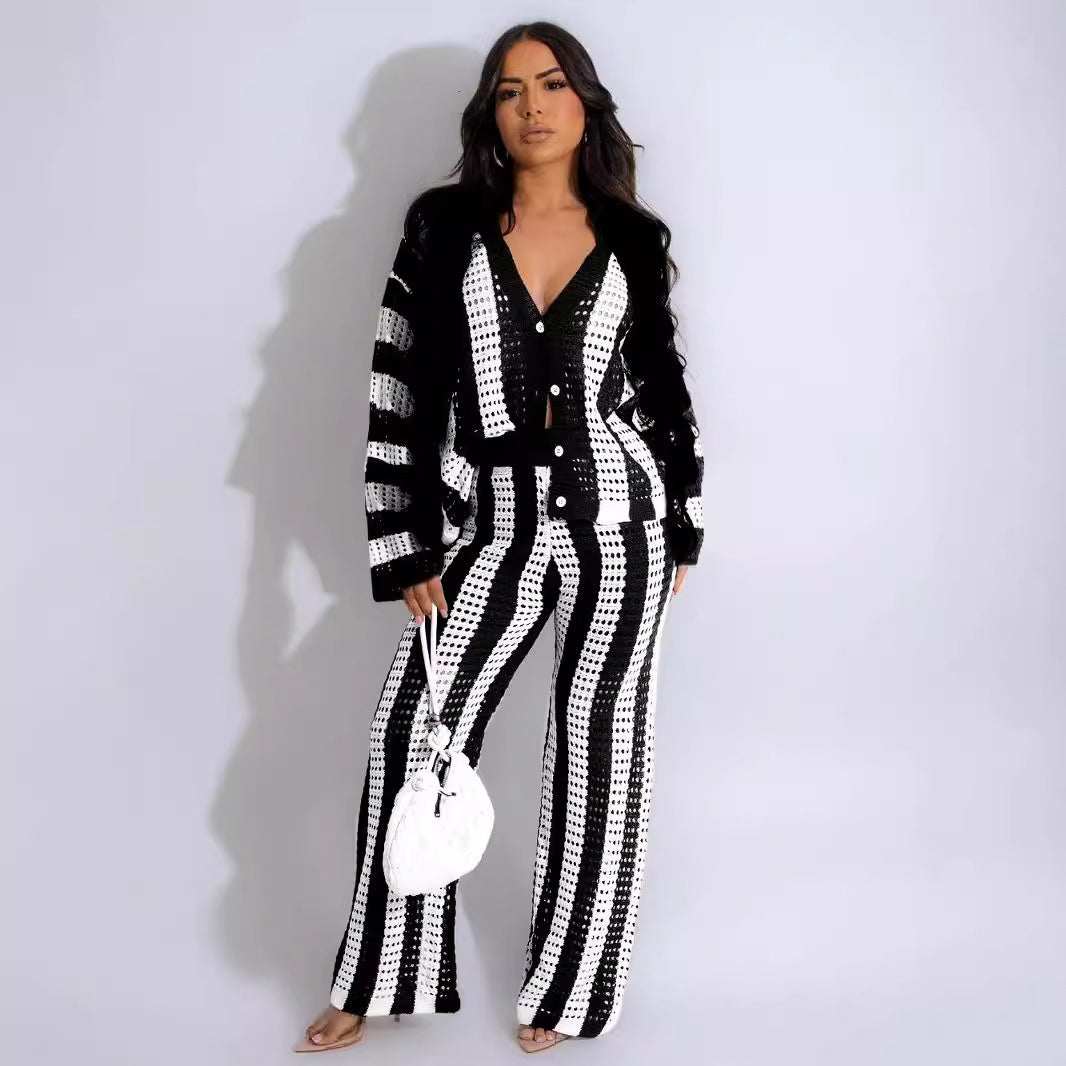 Knitted Sweater Fashion Cutout Wide Leg Knitted Two-piece Sweater