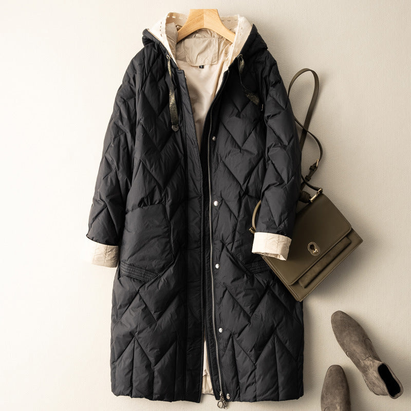 Medium Long Loose Warm Fashion Coat Women's Knitting Wool Hooded Down Jacket