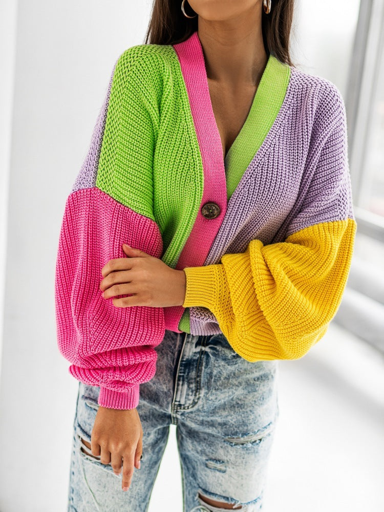 Casual Color Matching Bright Women's Woolen Long-sleeved Cardigan