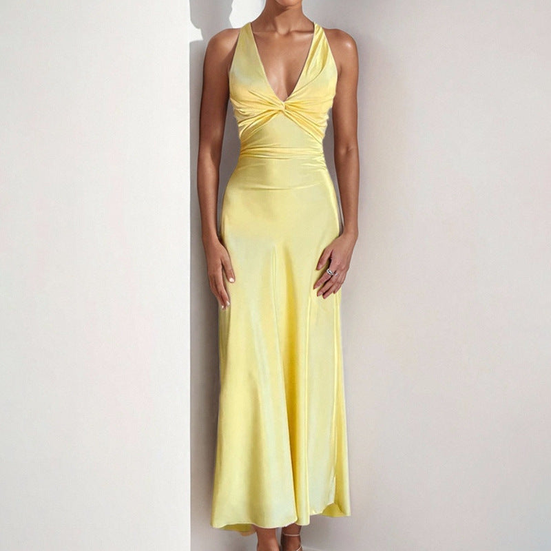 V-neck Pleated Slim Fit Slimming Graceful And Fashionable Dress
