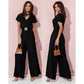 Solid Color And V-neck Waist Trimming Short-sleeved Casual Trousers Jumpsuit