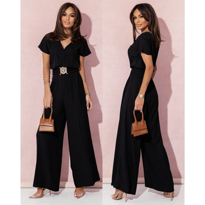 Solid Color And V-neck Waist Trimming Short-sleeved Casual Trousers Jumpsuit