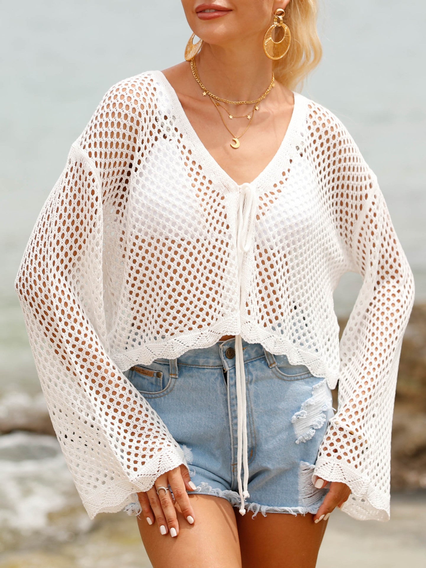 Women's Lace-up Cardigan Hollow-out Beach Sun Protection Long-sleeved Blouse