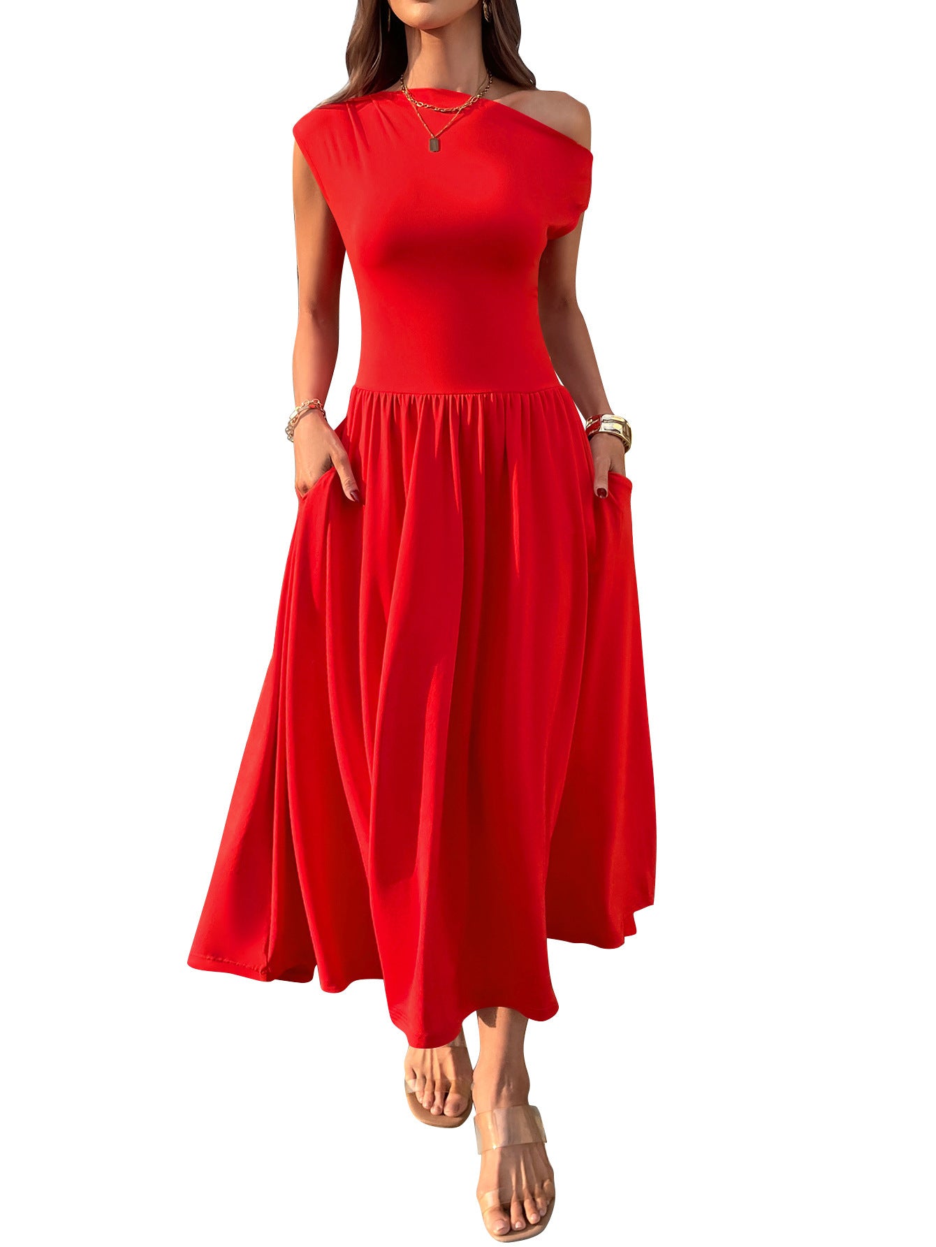 Slant Shoulder Waist Trimming Long With Pocket Dress