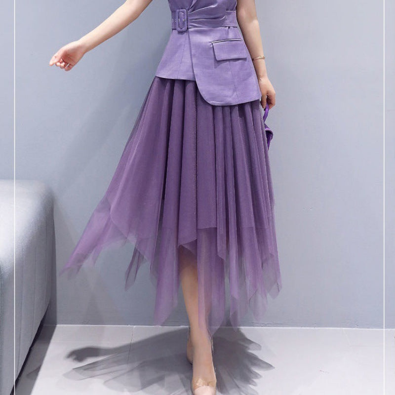 Solid Color Irregular Mesh Skirt High Waist A- Line Skirt