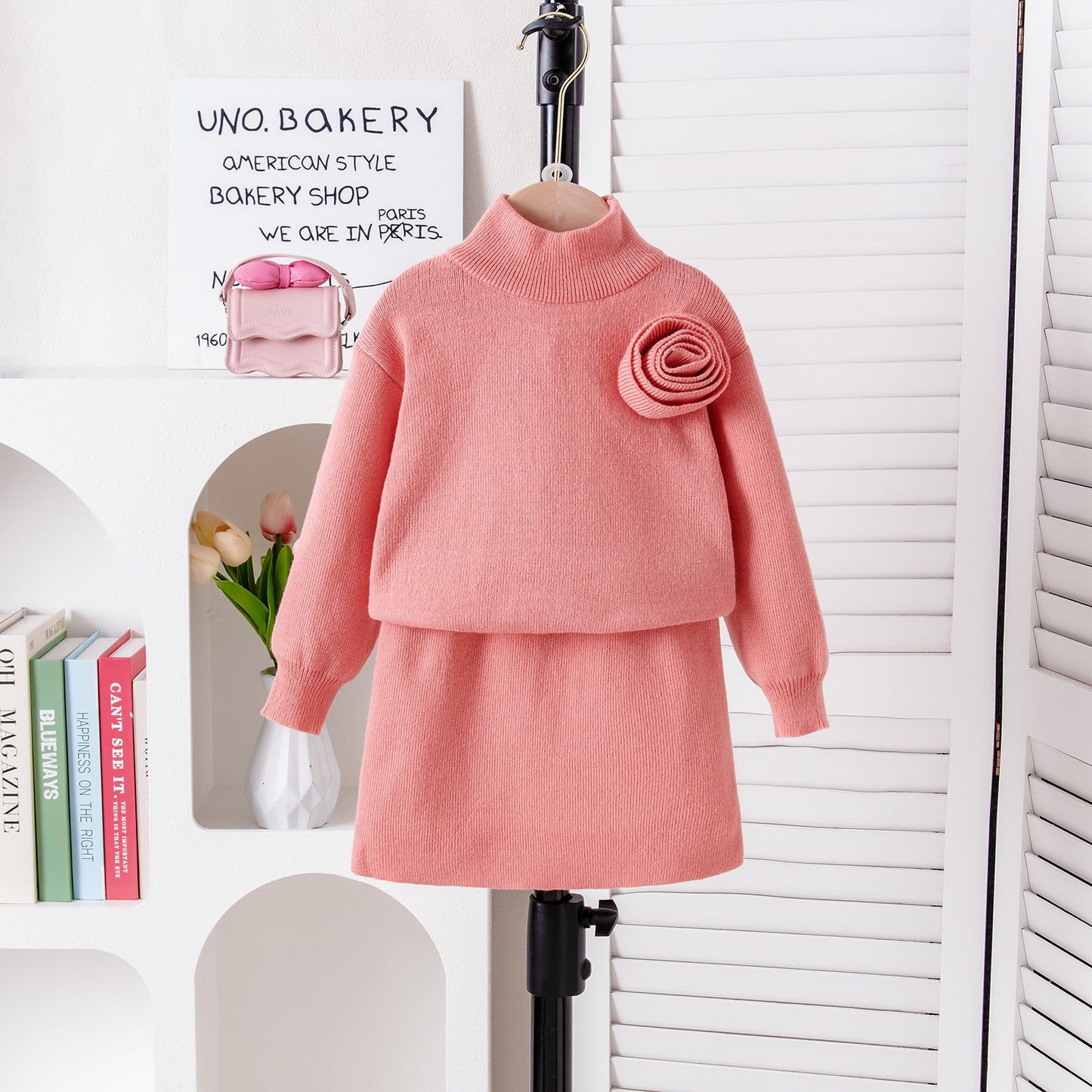 Flower Pattern Long Sleeve Comfortable High-neck Set
