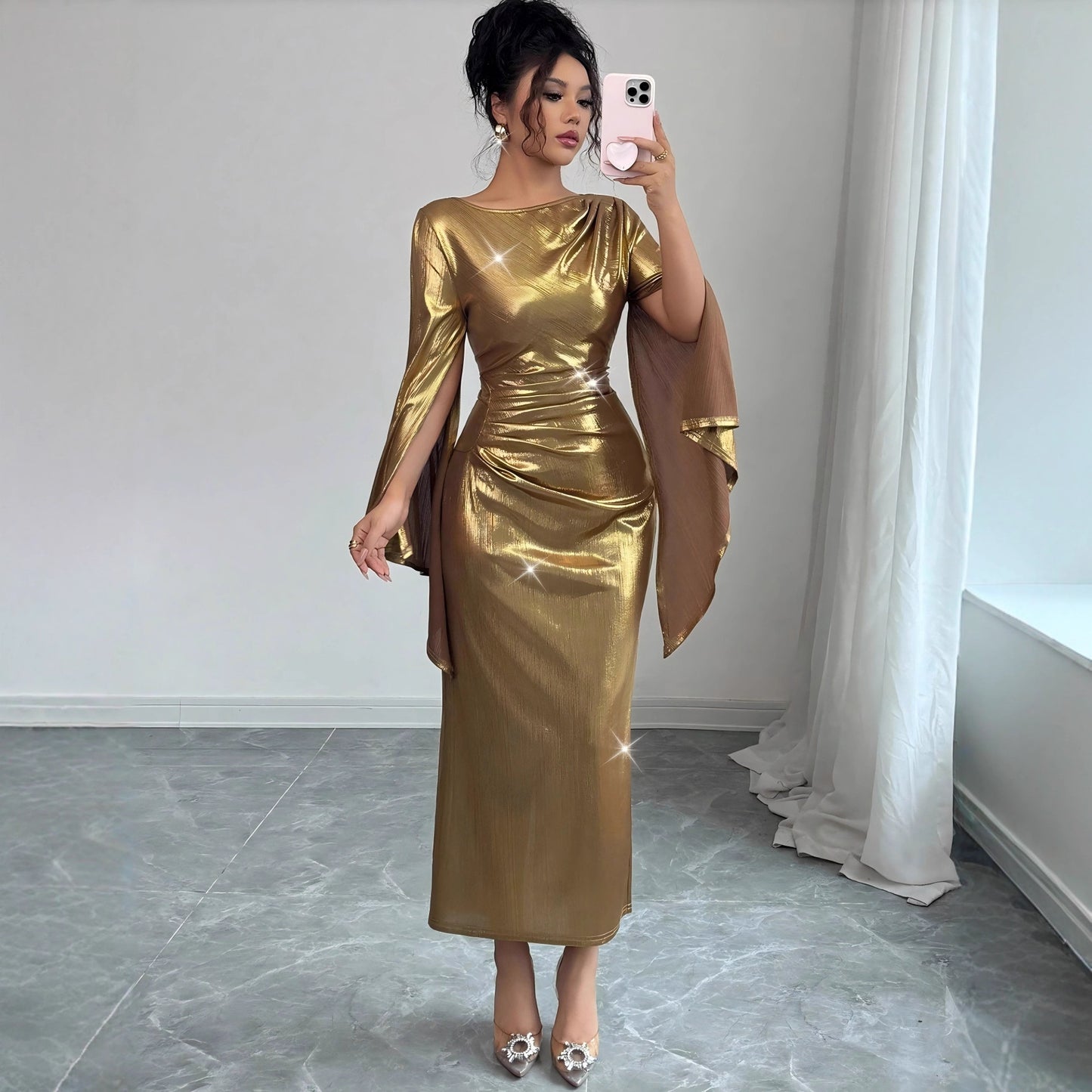 American-style Gold Foil Round Neck Slim-fit Long Dress