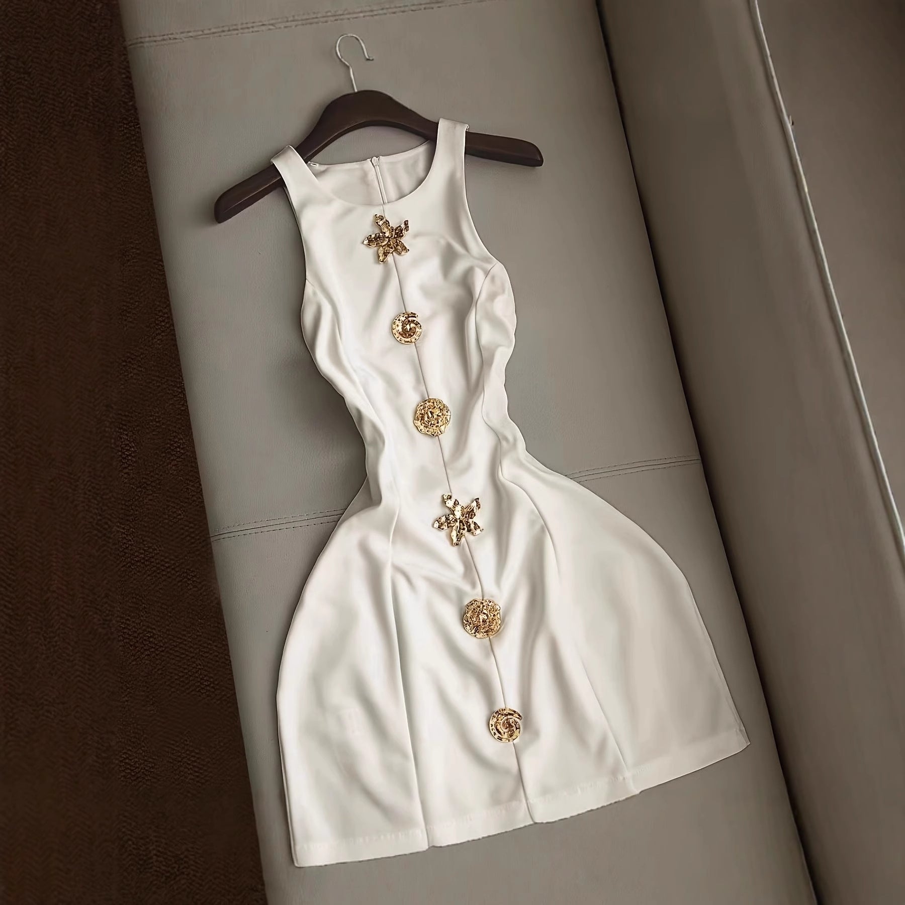 Womens Summer Solid-Color Slim-Fit Mini Dress With A Crew Neck