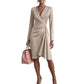 Solid Color Slim-fit Long Sleeve V-pleated Design Dress