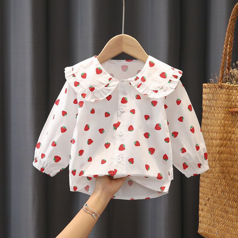 Chemisier à manches longues fraise, vêtements de printemps à la mode pour petite fille