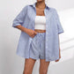 Womens Fashion Lapel-Neck Striped Short-Sleeve Shorts Set