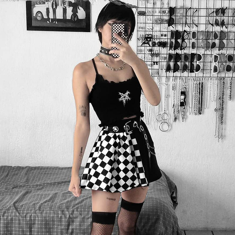 Dark Girl Color Contrast Plaid Stitching Skirt High Waist Skirt