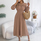 Elegant Ruffled Long-sleeve Cinched-waist Pleated Maxi Dress