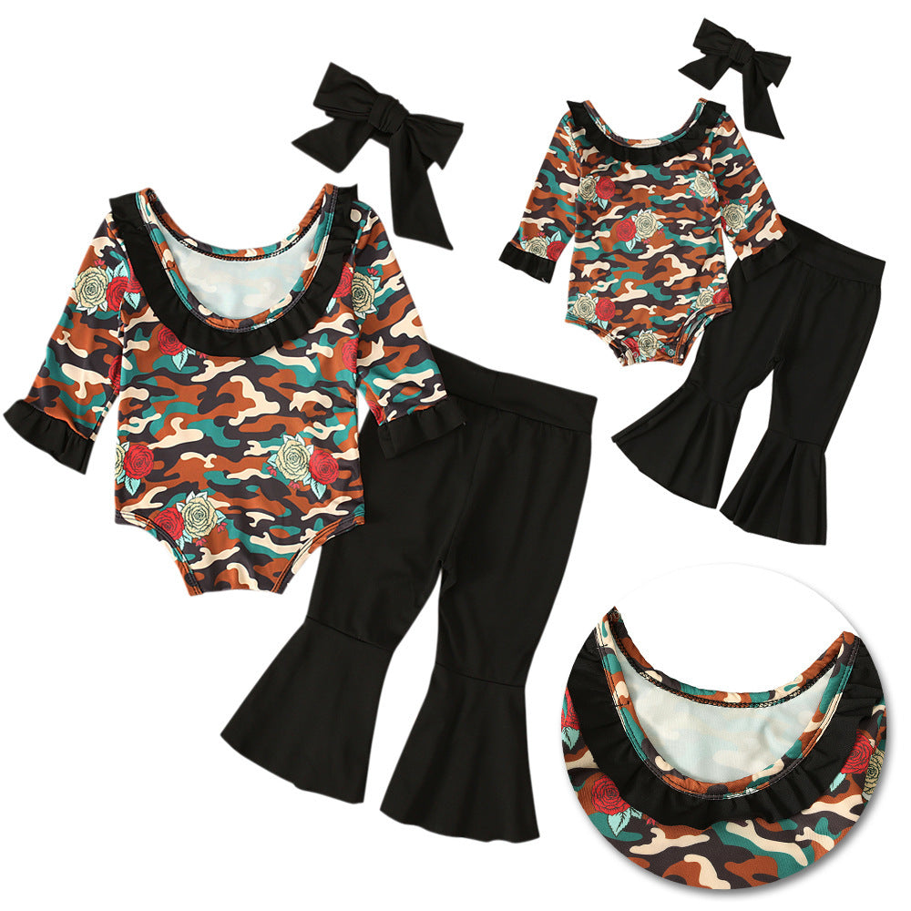 Ensemble barboteuse camouflage à manches longues et pantalon évasé noir pour fille