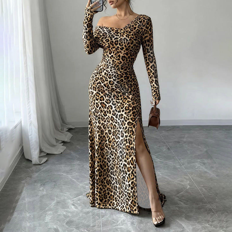 New Square Neck Leopard Print Elegant Slim-fit Dress