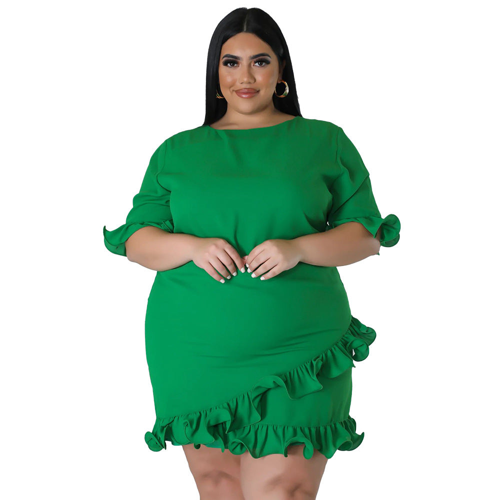 Slim-fit Round-neck Solid-color Casual Dress With Ruffled Hem