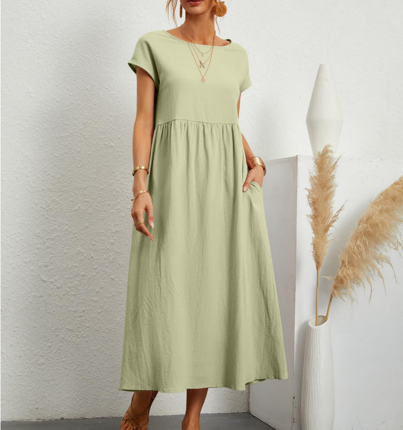European And American Solid Color Sleeveless Loose Cotton Linen Pocket Dress