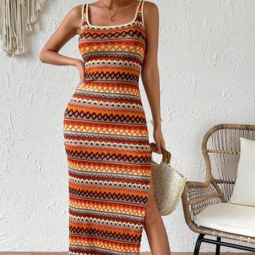 Robe décontractée à rayures sans manches et col carré pour femme