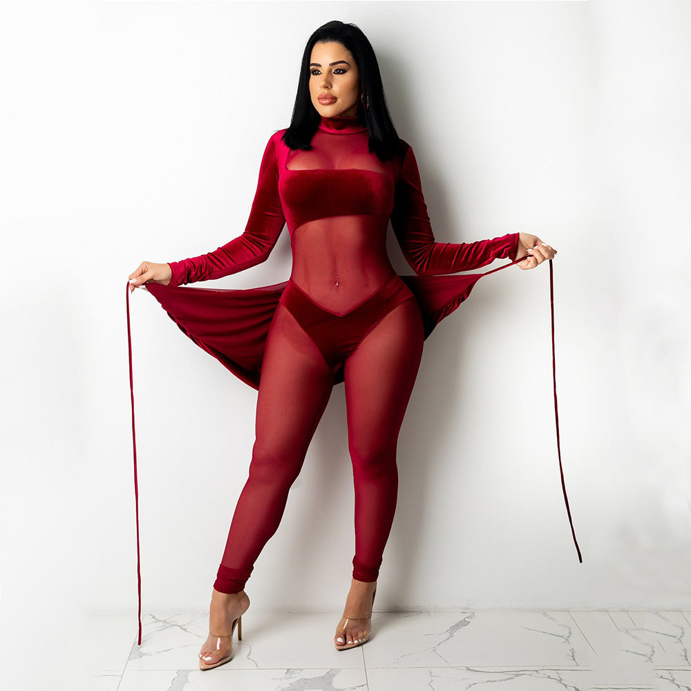 Mesh Velvet Stitching Solid Color Jumpsuit