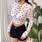 Elegant Mesh Floral Print Heart Round Neck Long Sleeve T-shirt