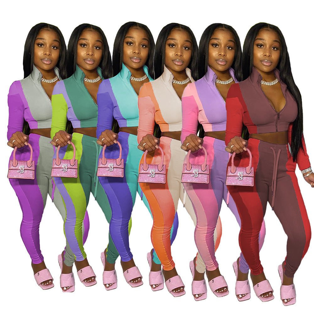Ensemble deux pièces pantalon de sport multicolore à empiècements pour femme