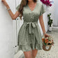 Summer French High Waist Floral Tie-neck V-neck Short Sleeve Dress