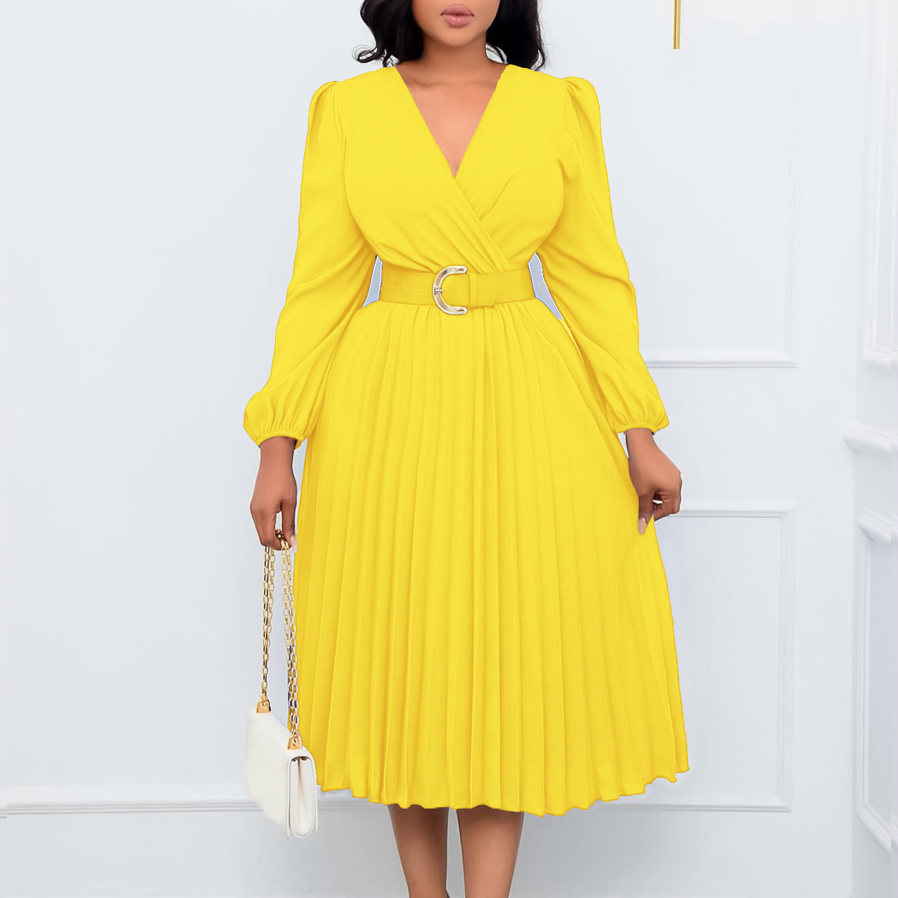 Long Sleeve V-neck Pleated Midi Dress