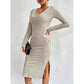 European And American High Waist Slit Long Sleeve Dress