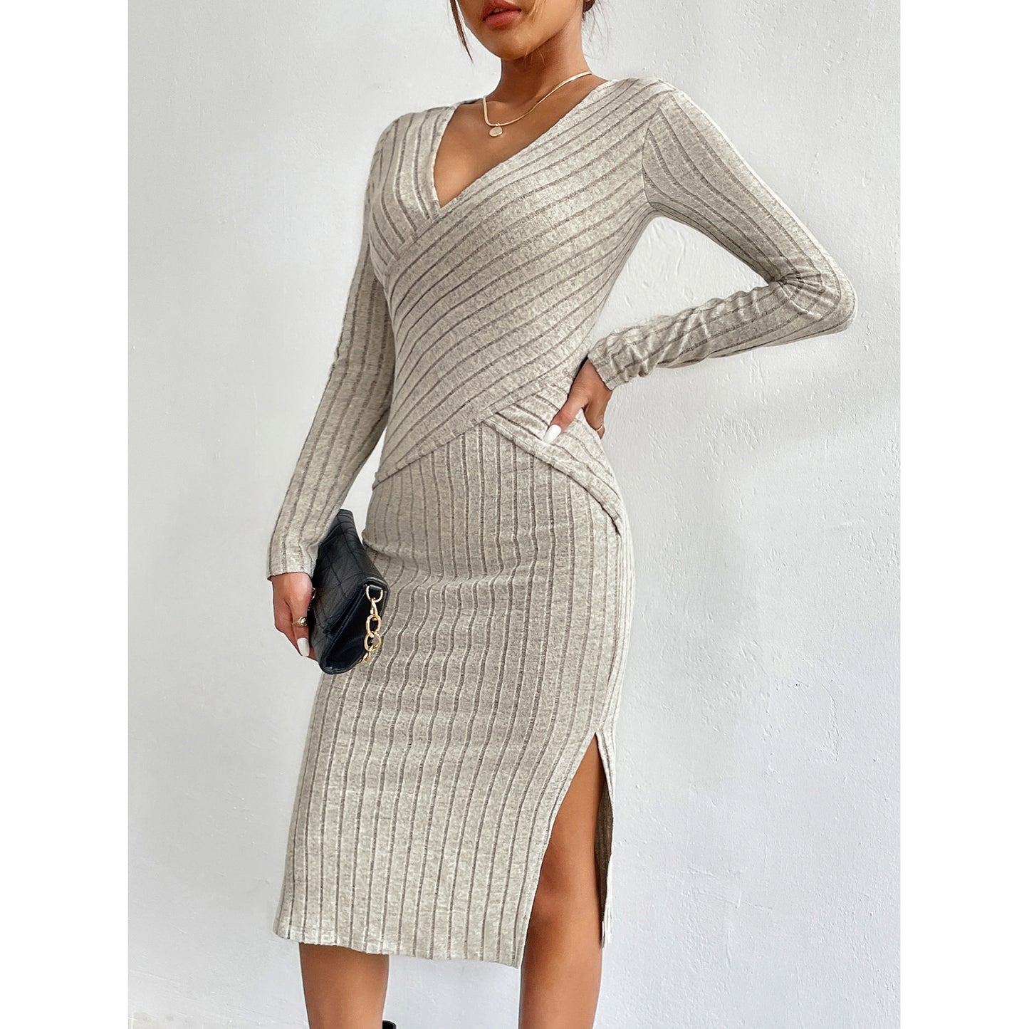 European And American High Waist Slit Long Sleeve Dress