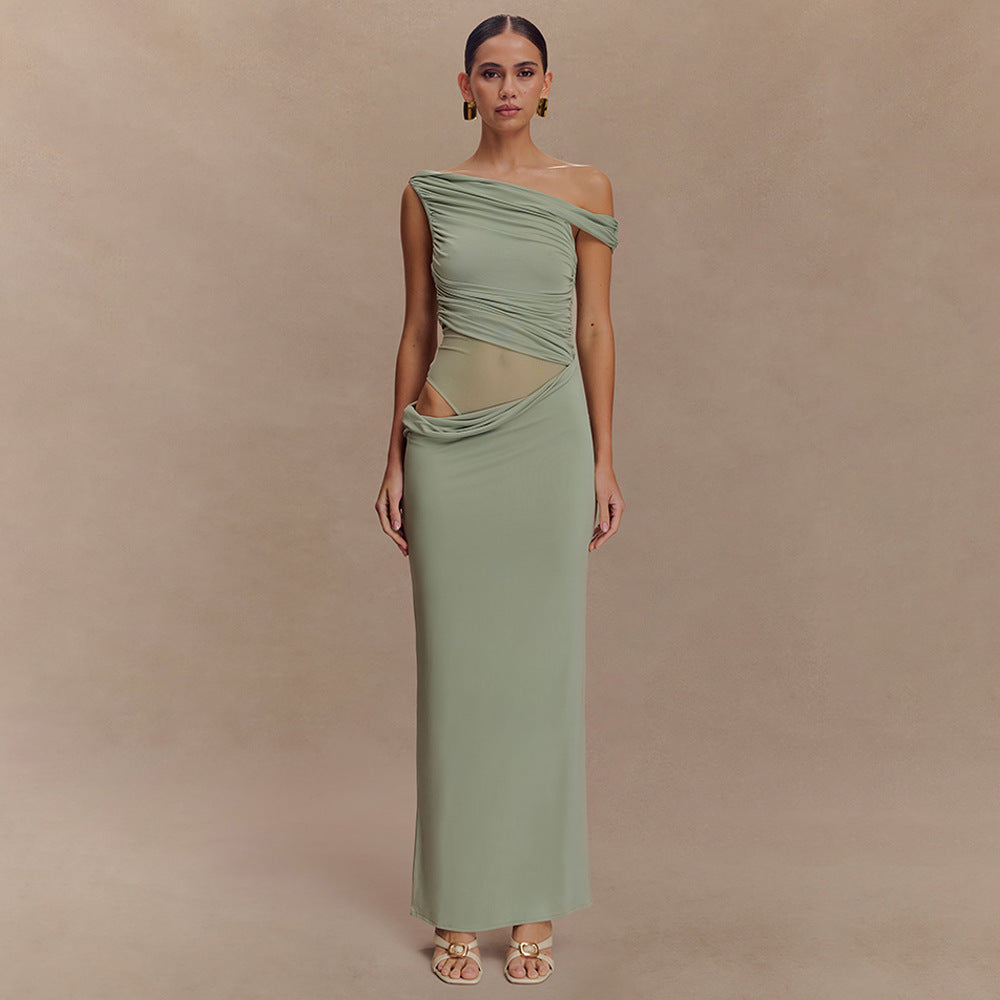 Pleated Women's Dress Shoulder Midriff Outfit