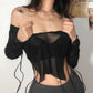 Women's Mesh Long Sleeve Halter Tie T-shirt