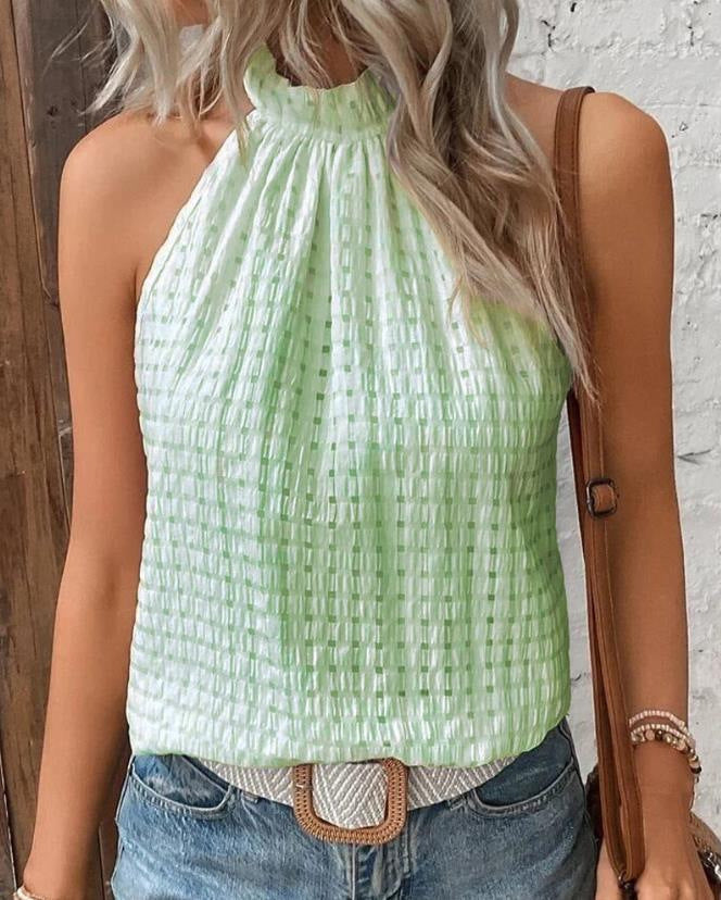 Women's Fashion Sleeveless Bubble Plaid Round Neck Vest