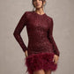 Women's Long Sleeve Sequined Feather Dress Round Neck