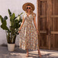 Elegant Printed Floral V-Neck Short-Sleeve Waist-Cinching Dress