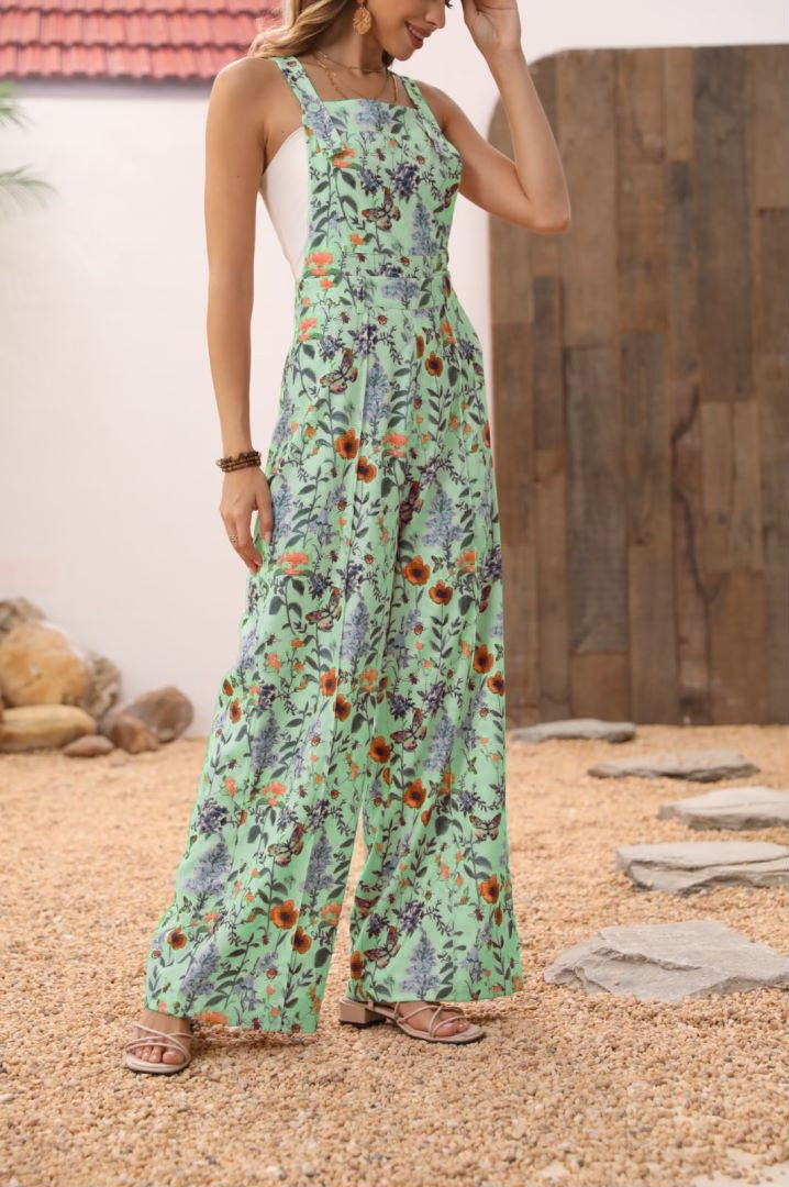 Cross-border Floral Print Button Wide Leg Jumpsuit Sale In Stock