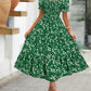 Printed Square Collar Waist-tight Puff Sleeve Layered Dress