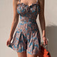 Floral Pleated Rope Drawstring Waist Romper