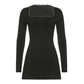 Lace Square Collar Long Sleeve Slim-fit Sheath Solid Color Dress