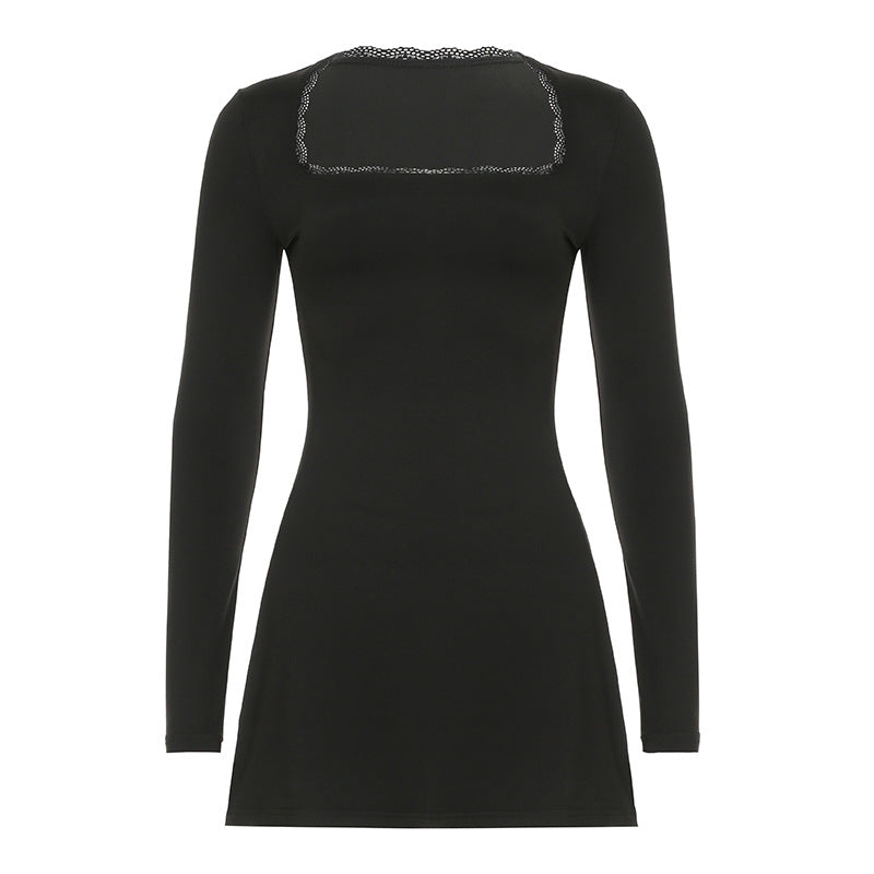 Lace Square Collar Long Sleeve Slim-fit Sheath Solid Color Dress