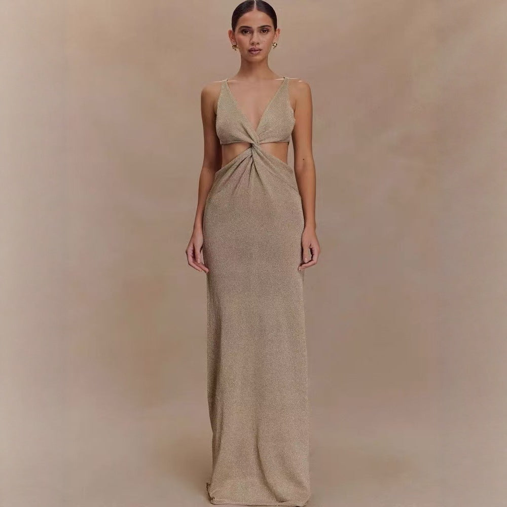 Twisted Vest Gold And Silver Wire Spring And Summer V-neck Dress