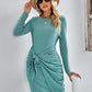 Round Neck Long Sleeve Solid Color Knot Dress